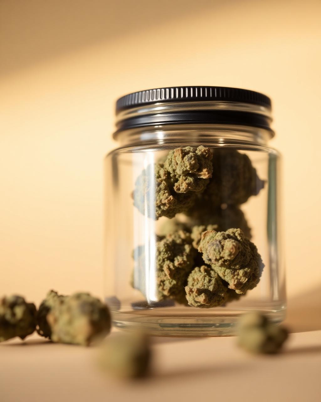 Cured cannabis flower buds in a glass jar
