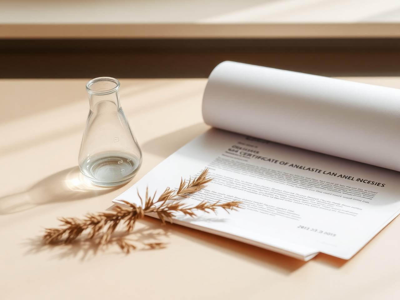 Laboratory beaker beside a certificate of analysis