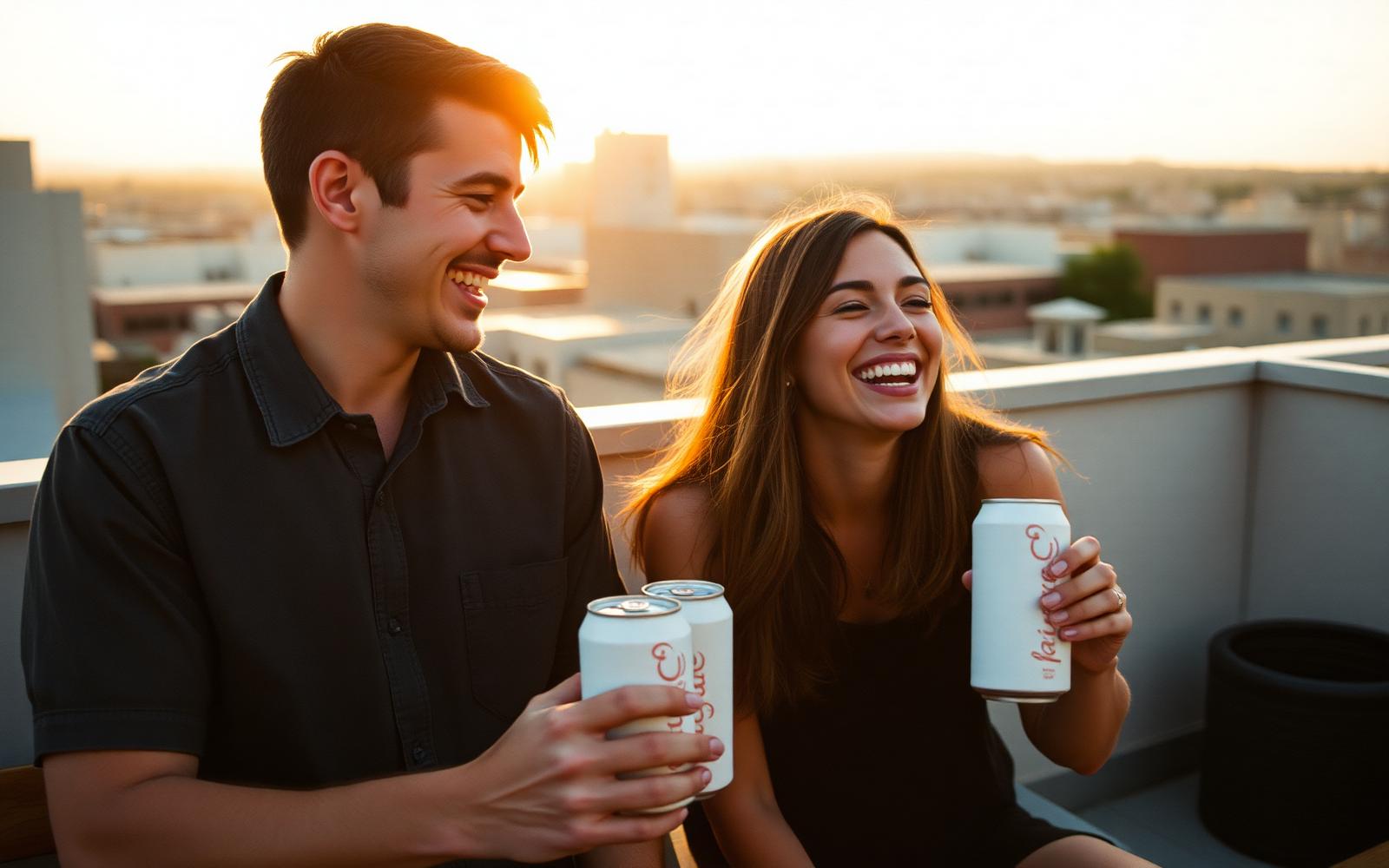 Two friends laughing on a rooftop at golden hour holding beverage cans