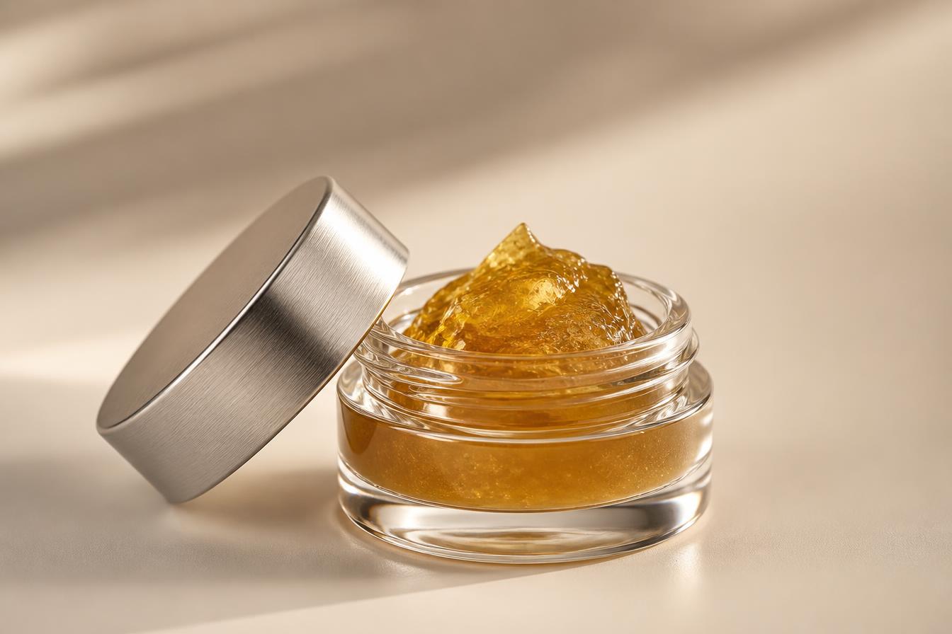 Golden THCa live rosin in a small glass jar with a brushed aluminum lid